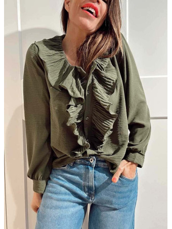 Blusa Fluida Chorreras LULIANNE Verde Militar HEVE