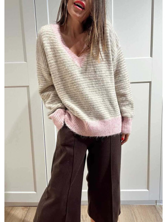 Punto Rayas Escote Pico MARVIERA Taupe/Rosa HEVE