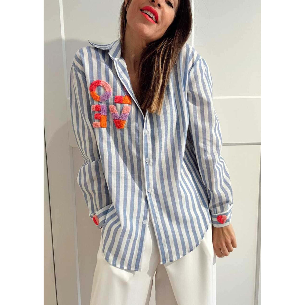 Camisa Rayas Manga Larga LOVE Azul HEVE