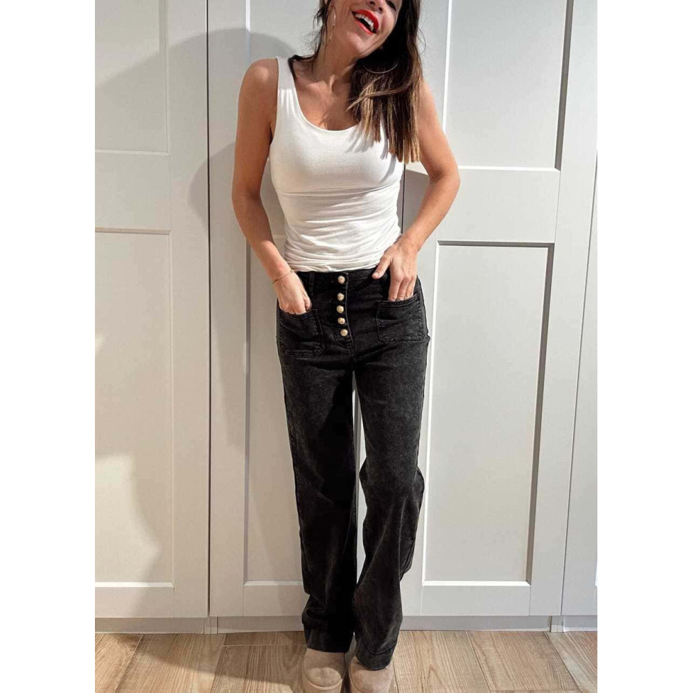 Jeans Wide Leg Botones Vistos VANDRIX Negro HEVE