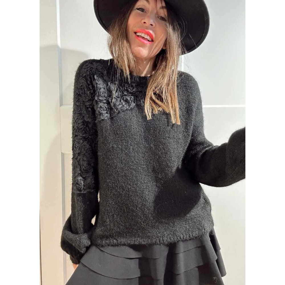 Jersey Rosetones Organza RIVELLE Negro HEVE