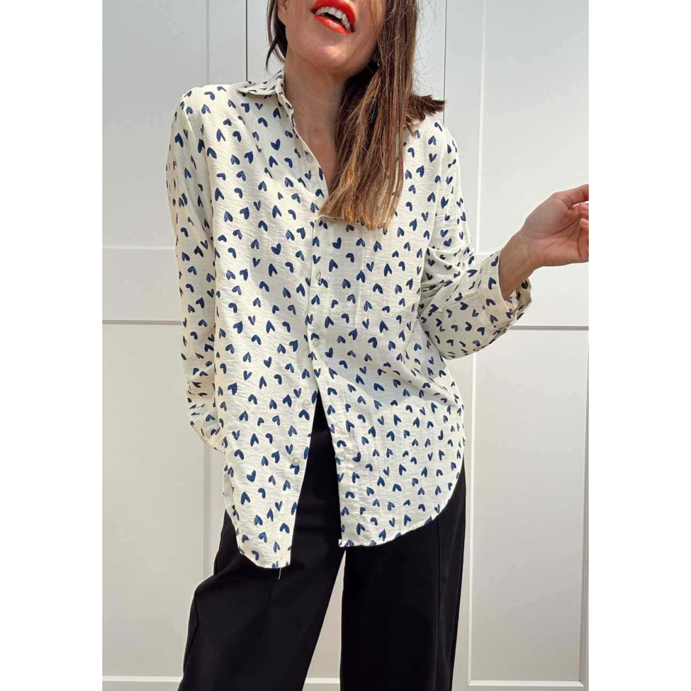Camisa Estampado Corazones LATTIVA Beige/Azul HEVE