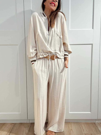 Conjunto Casual Bomber y Pantalón CALYNOR Beige HEVE