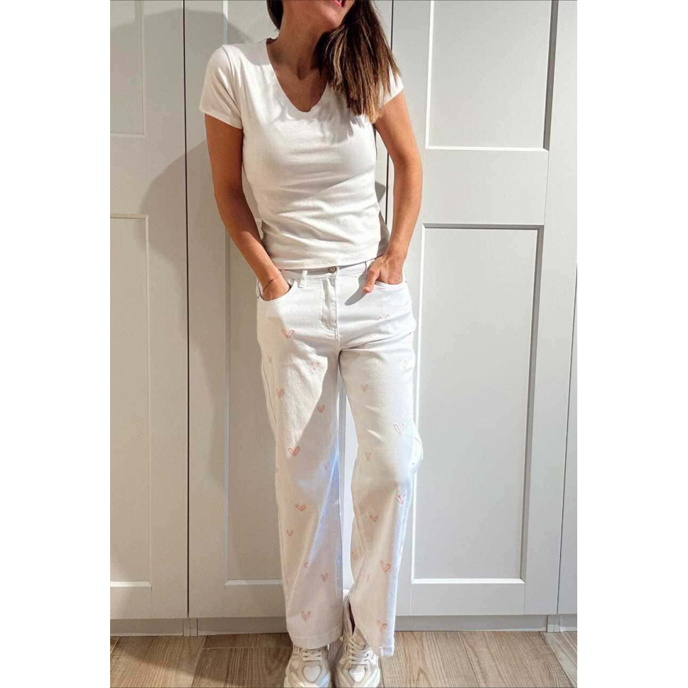 Jeans Wide Leg Bordado Corazones Blanco HEVE