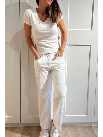 Jeans Wide Leg Bordado Corazones Blanco HEVE