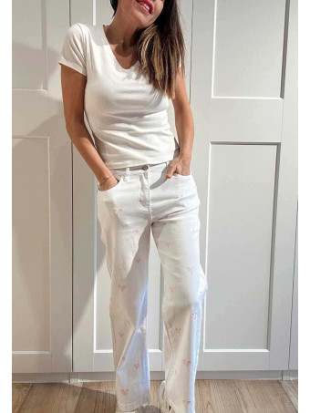 Jeans Wide Leg Bordado Corazones Blanco HEVE
