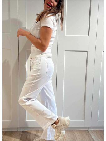 Jeans Wide Leg Bordado Corazones Blanco HEVE