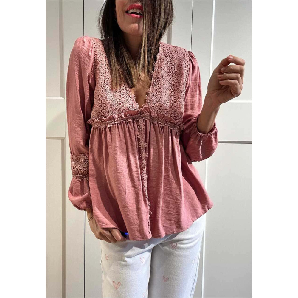 Blusa Romántica Bordado-Perforado MANON Rosa HEVE