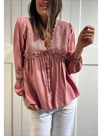 Blusa Romántica Bordado-Perforado MANON Rosa HEVE