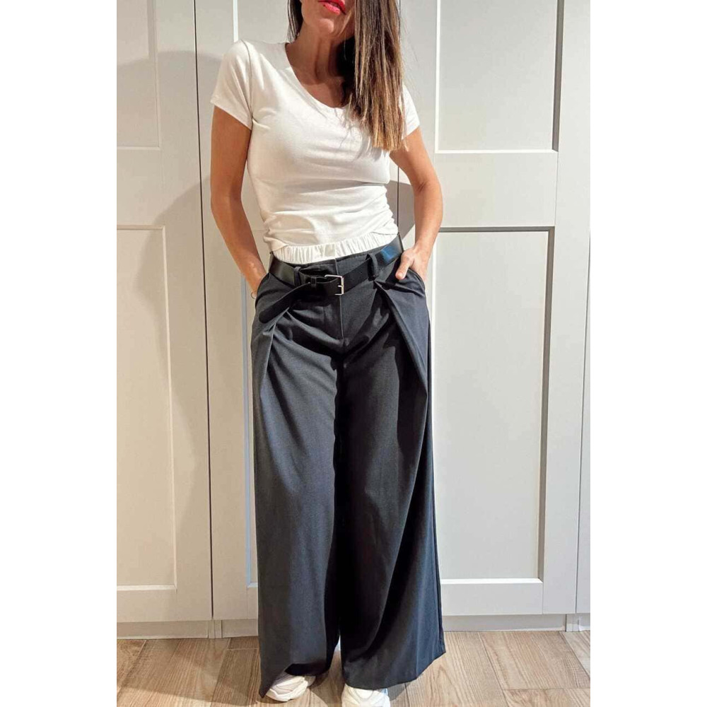 Pantalón Wide Leg Cintura Doble KELDRIC Gris Plomo HEVE