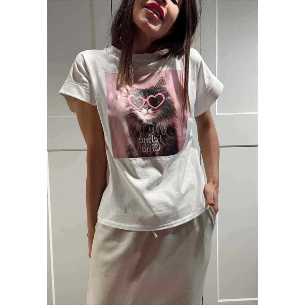 Camiseta Algodón FELINE CHIC Blanco HEVE
