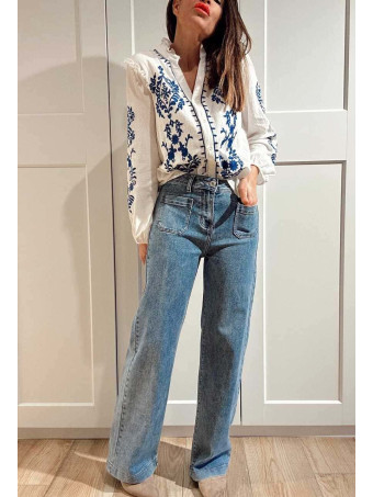 Blusa Rústica Bordados WONSEO Blanco/Marino HEVE