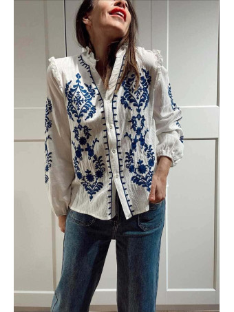 Blusa Rústica Bordados WONSEO Blanco/Marino HEVE