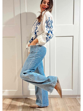 Blusa Rústica Bordados WONSEO Blanco/Marino HEVE