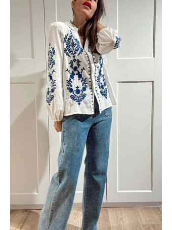 Blusa Rústica Bordados WONSEO Blanco/Marino HEVE