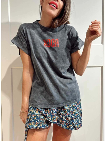 Camiseta Algodón Lettering Metal ROCK Gris/Rojo HEVE