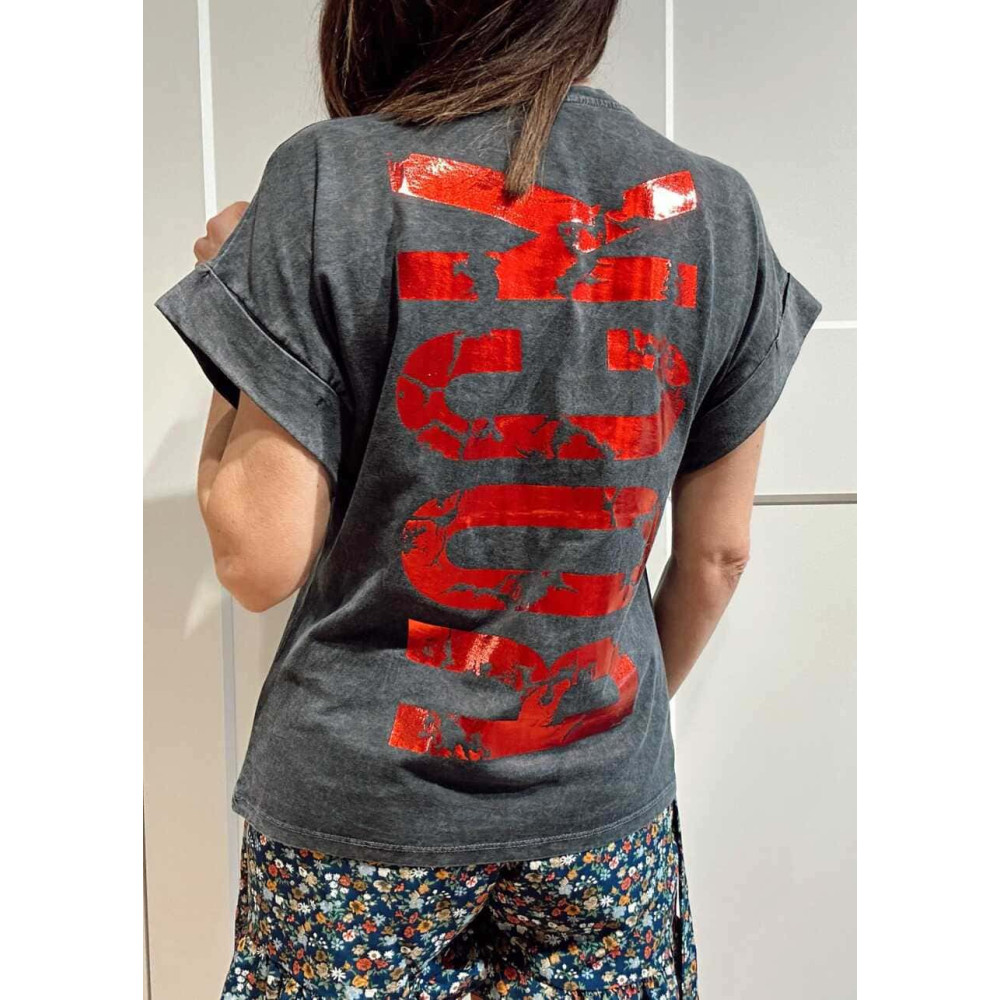 Camiseta Algodón Lettering Metal ROCK Gris/Rojo HEVE