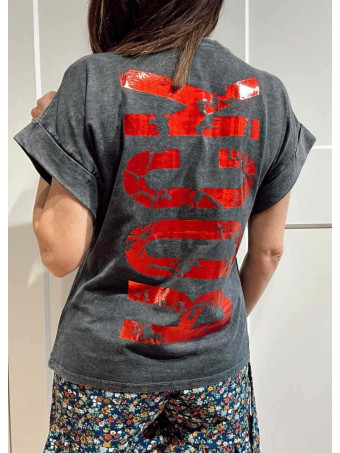 Camiseta Algodón Lettering Metal ROCK Gris/Rojo HEVE