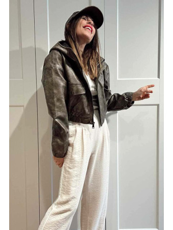 Cazadora Efecto Piel con Capucha JASPER Gris Piedra HEVE