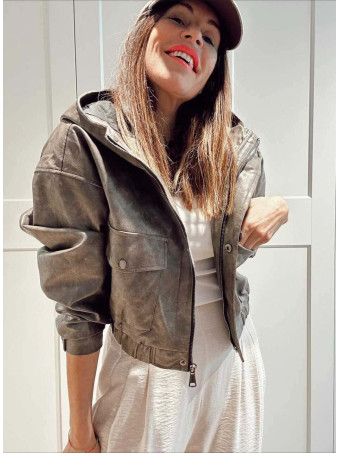 Cazadora Efecto Piel con Capucha JASPER Gris Piedra HEVE