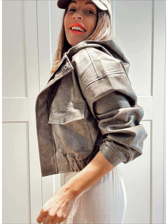 Cazadora Efecto Piel con Capucha JASPER Gris Piedra HEVE