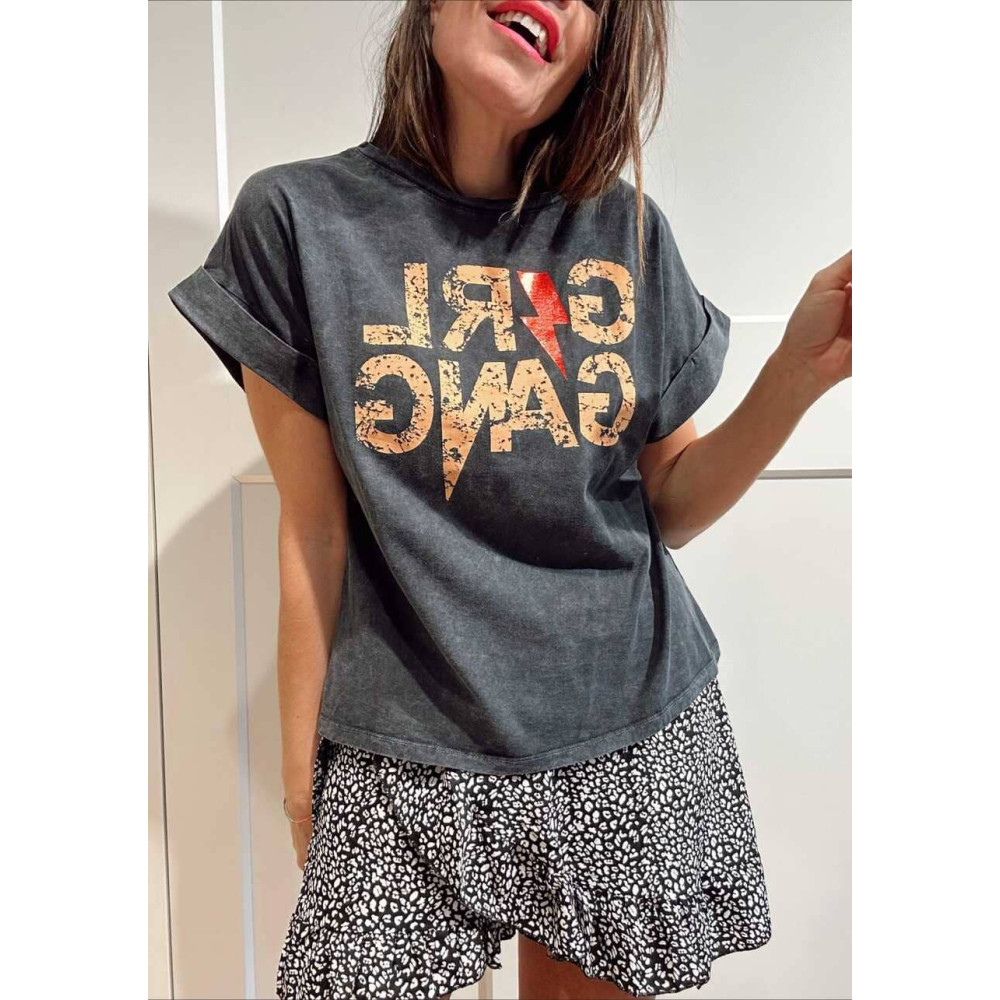 Camiseta Algodón GIRL GANG Gris/Mostaza HEVE