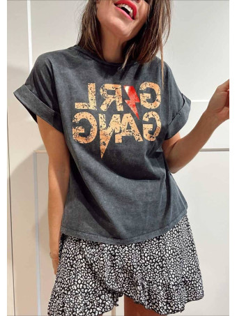 Camiseta Algodón GIRL GANG Gris/Mostaza HEVE