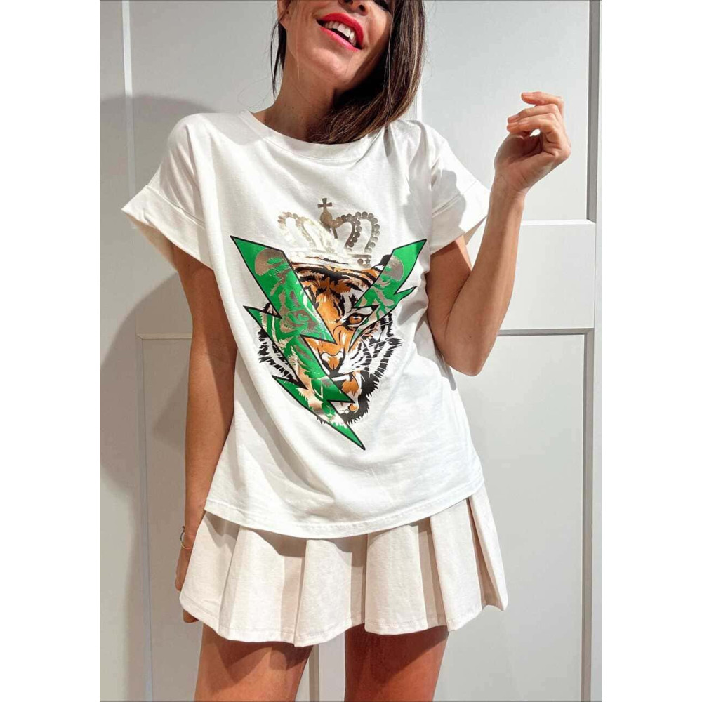 Camiseta Algodón TIGER KING Blanco/Verde HEVE