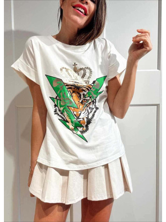 Camiseta Algodón TIGER KING Blanco/Verde HEVE