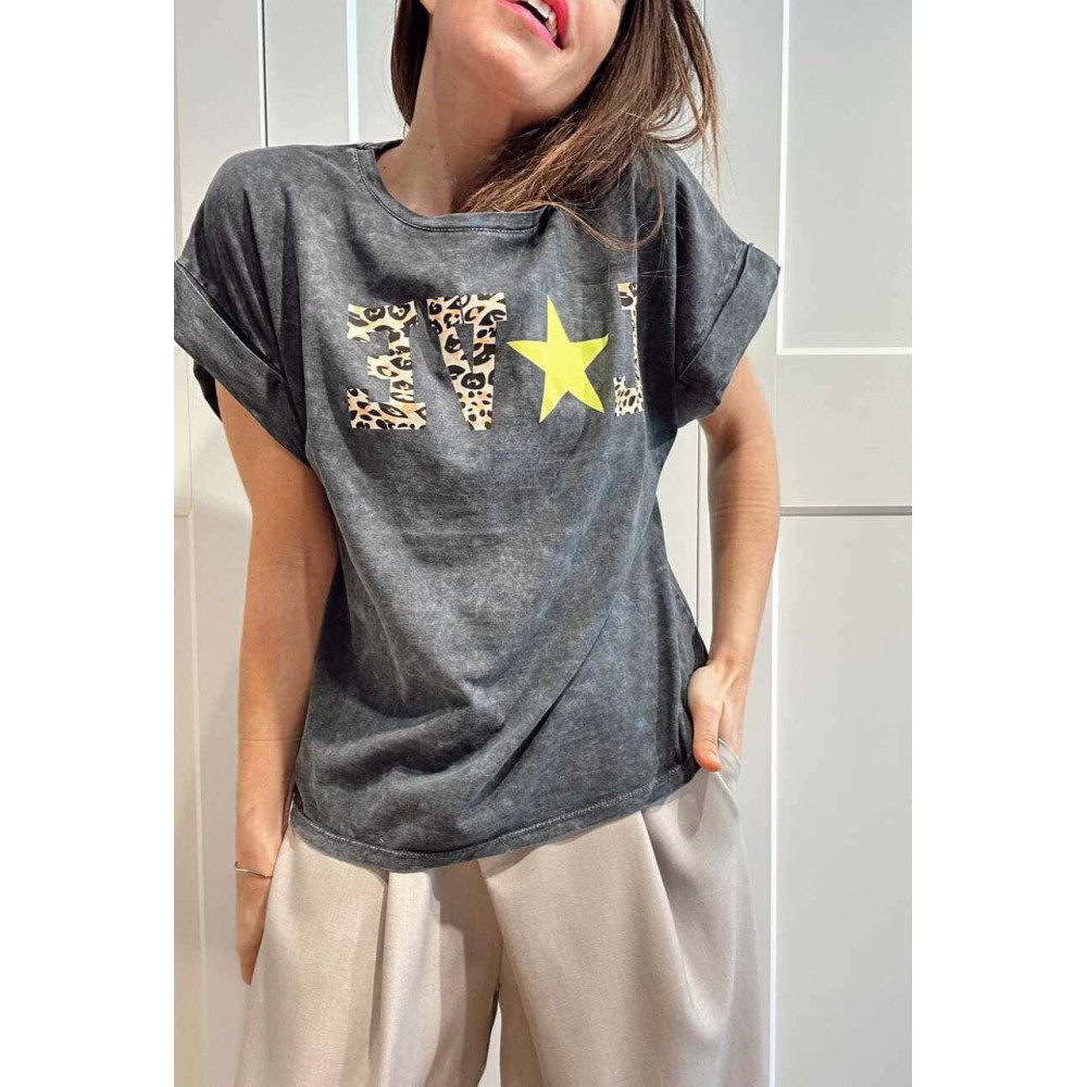 Camiseta Algodón WILD STAR EDITION Gris/Amarillo Flúor HEVE