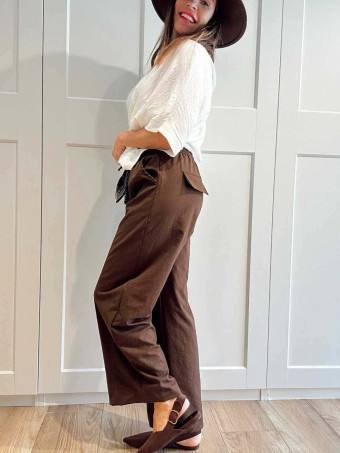 Pantalón Wide Leg con Cinturón BASSLEE Marrón HEVE