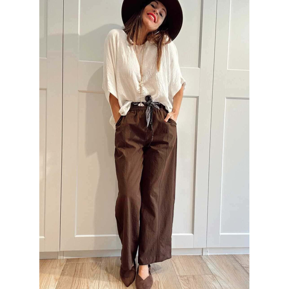 Pantalón Wide Leg con Cinturón BASSLEE Marrón HEVE