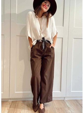 Pantalón Wide Leg con Cinturón BASSLEE Marrón HEVE