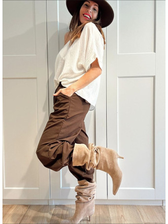 Pantalón Wide Leg con Cinturón BASSLEE Marrón HEVE