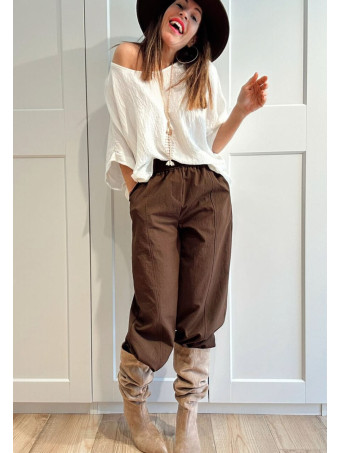 Pantalón Wide Leg con Cinturón BASSLEE Marrón HEVE