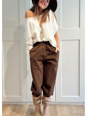 Pantalón Wide Leg con Cinturón BASSLEE Marrón HEVE