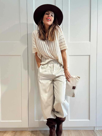 Pantalón Wide Leg con Cinturón BASSLEE Beige HEVE