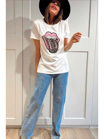 Camiseta Strass WILD SPARKLE LIPS Blanco HEVE