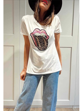 Camiseta Strass WILD SPARKLE LIPS Blanco HEVE