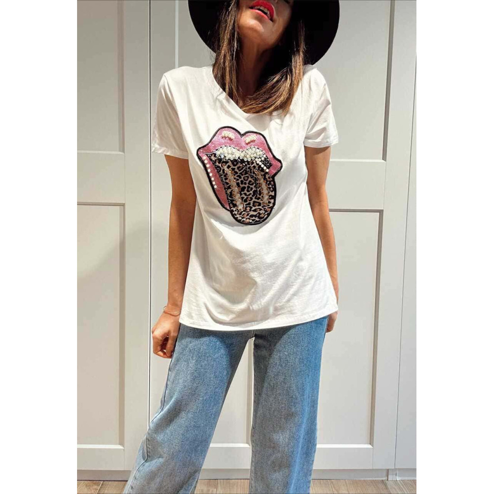 Camiseta Strass WILD SPARKLE LIPS Blanco HEVE