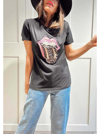 Camiseta Strass WILD SPARKLE LIPS Negro HEVE