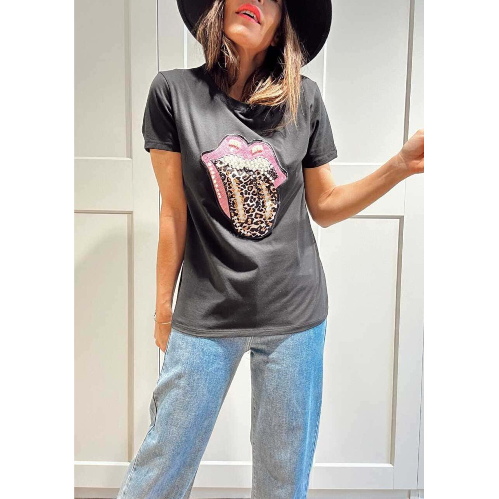 Camiseta Strass WILD SPARKLE LIPS Negro HEVE