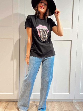 Camiseta Strass WILD SPARKLE LIPS Negro HEVE