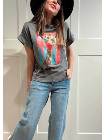 Camiseta Algodón GIRAFFITA POP ART Gris HEVE