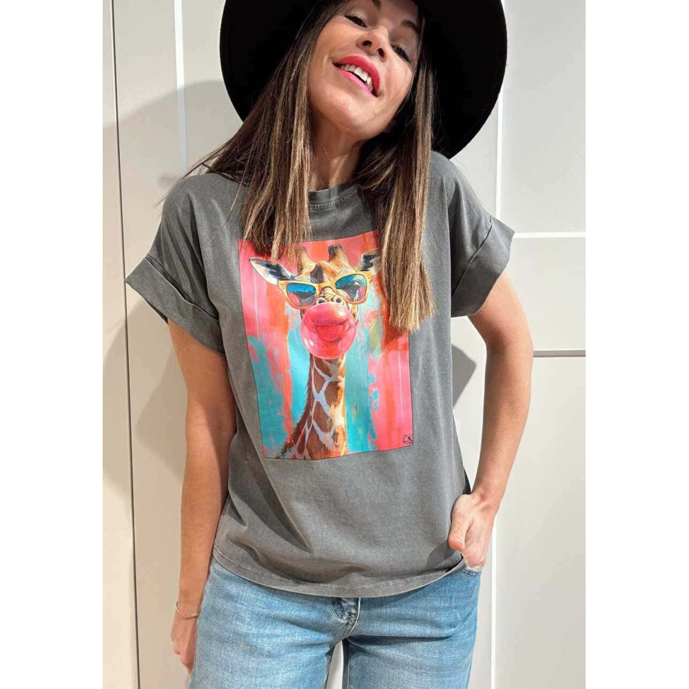 Camiseta Algodón GIRAFFITA POP ART Gris HEVE
