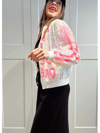 Bomber Lentejuelas Lettering THE BEST DRESSED Blanco HEVE