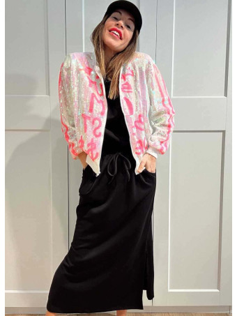 Bomber Lentejuelas Lettering THE BEST DRESSED Blanco HEVE