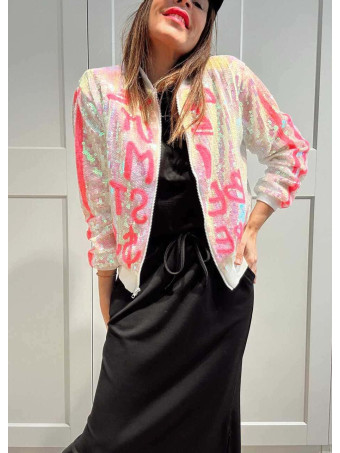 Bomber Lentejuelas Lettering THE BEST DRESSED Blanco HEVE