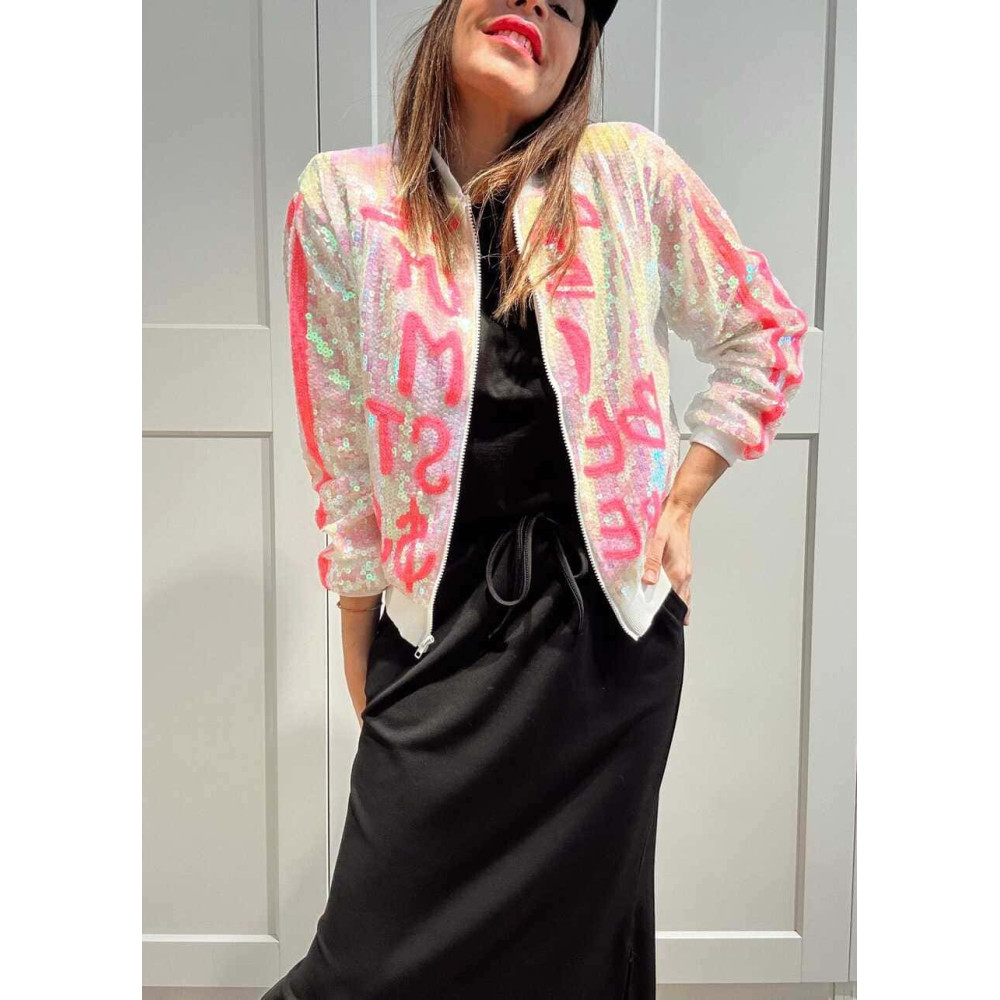 Bomber Lentejuelas Lettering THE BEST DRESSED Blanco HEVE