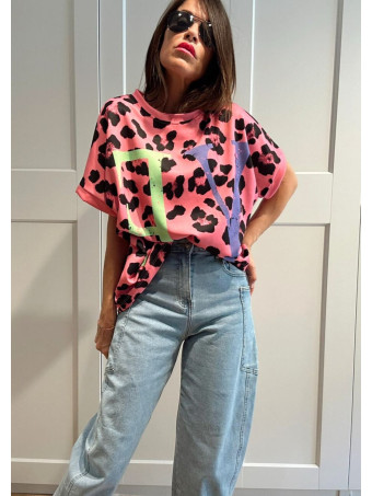 Camiseta Oversize Animal Print YEAH Rosa HEVE
